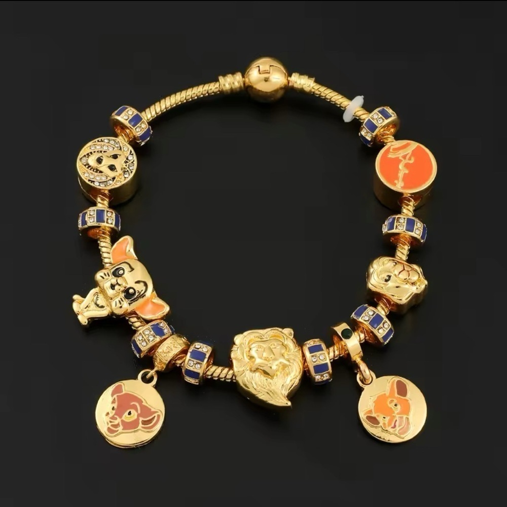 Gold Plated Disney Lion King Themed Enameled Loaded Charm Bracelet